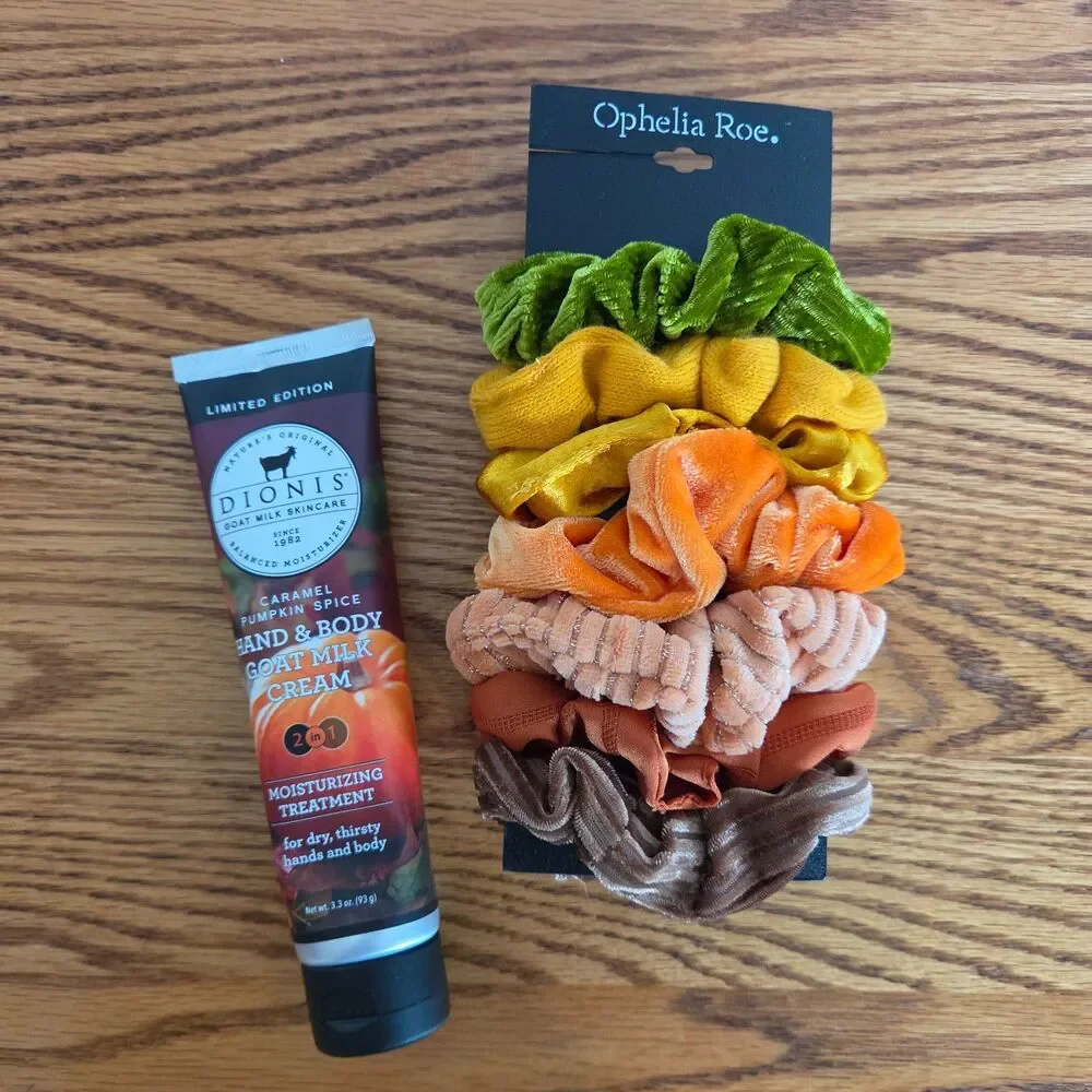 Ophelia Roe Hair Scrunchies & Dionis Caramel Pumpkin Spice Goat Milk Cream Lot
